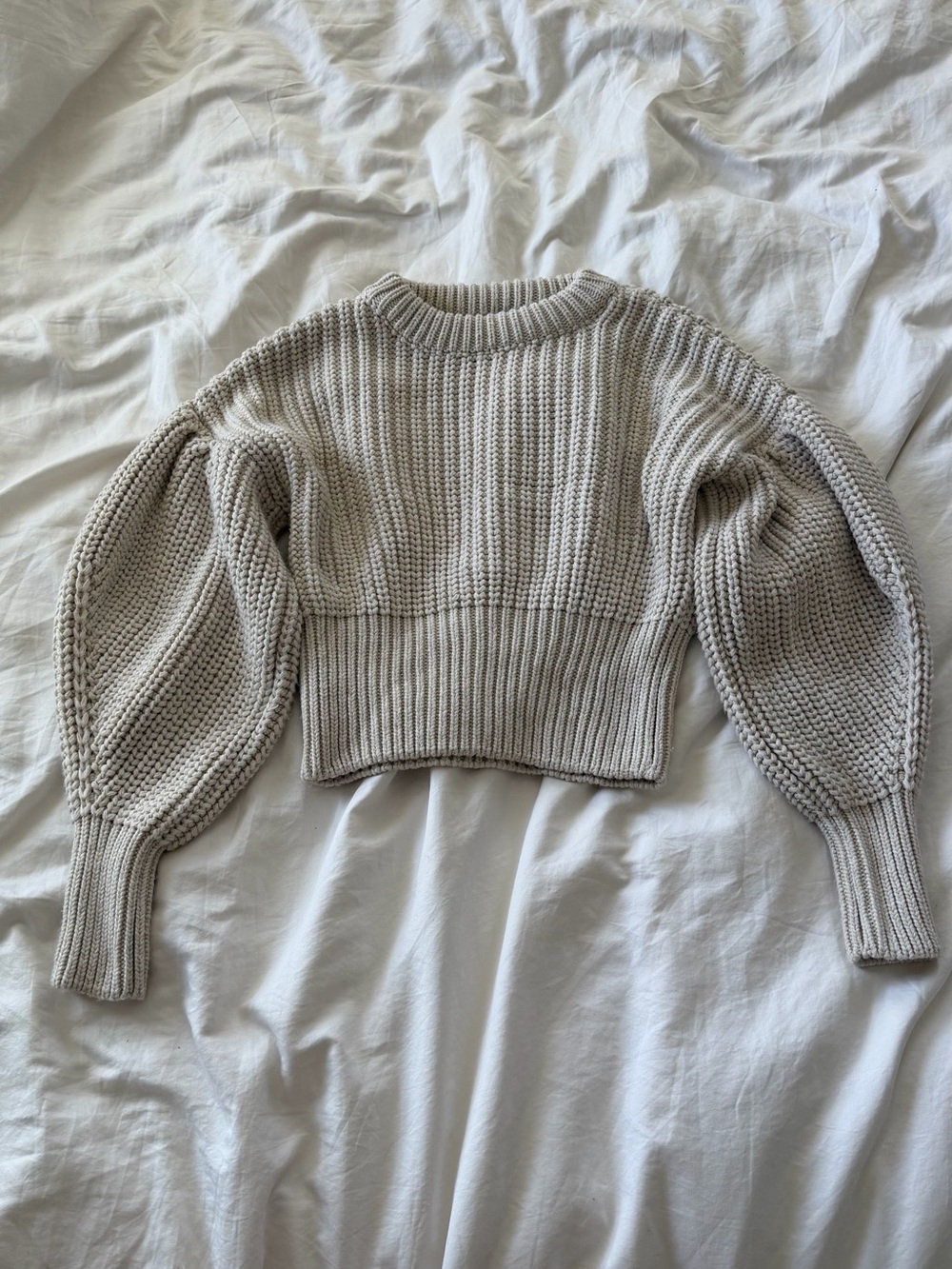 Zara Cream Balloon-Sleeve Cropped Ribbed Sweater
